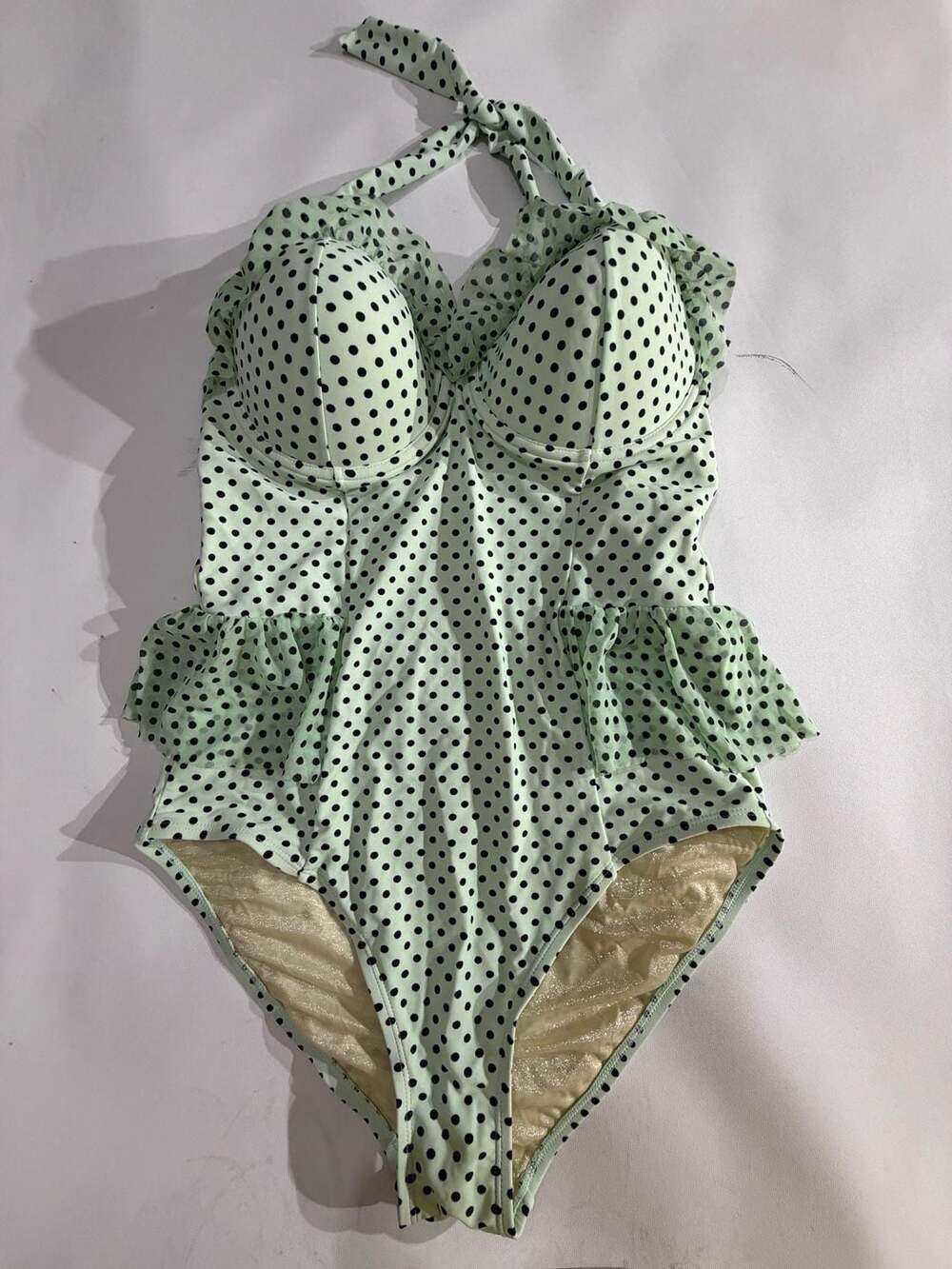 Betsey Johnson Green Polka Dot Ruffle Halter One Piece Swimsuit Womens Size L